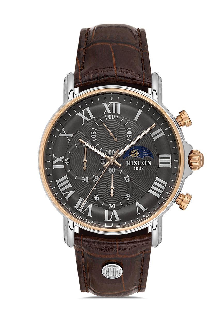 Hislon Kahverengi Deri Kordonlu Kronometre Fonksiyonlu Rose Gold Gümüş Renk Kasa Erkek Kol Saati TM112T-05KR