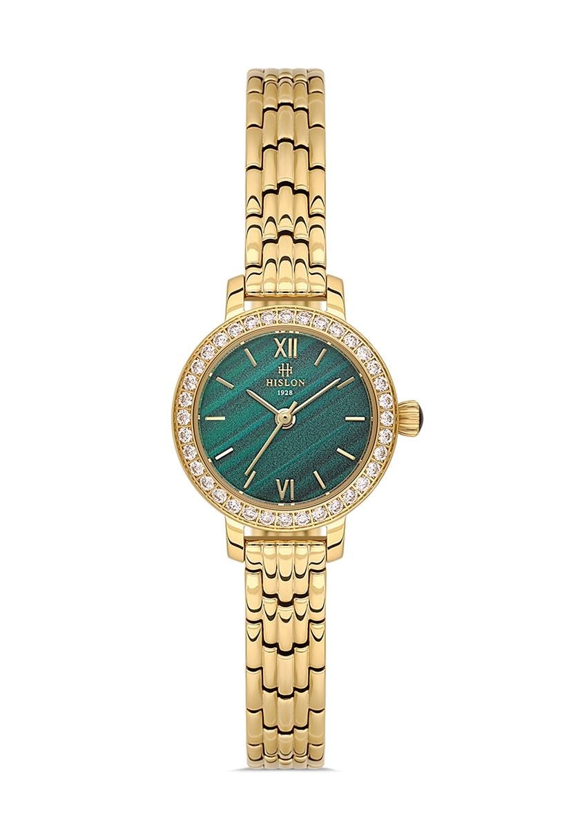 Hislon Altın Gold  Klasik İnce Yeşil Kadran Taşlı Kadın Kol Saati QL195G-15SG