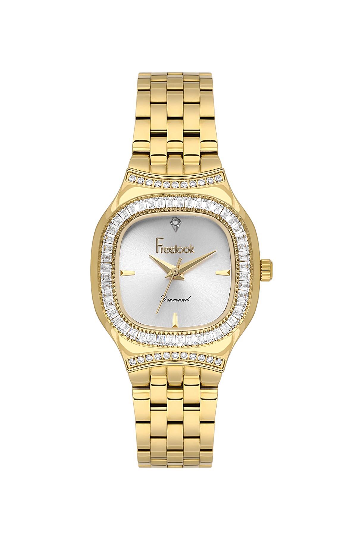 Freelook Dikdörtgen Kasa Dıamond Sertifikalı Taşlı Altın Gold Renk Kadın Kol Saati  FL.1.10528-2