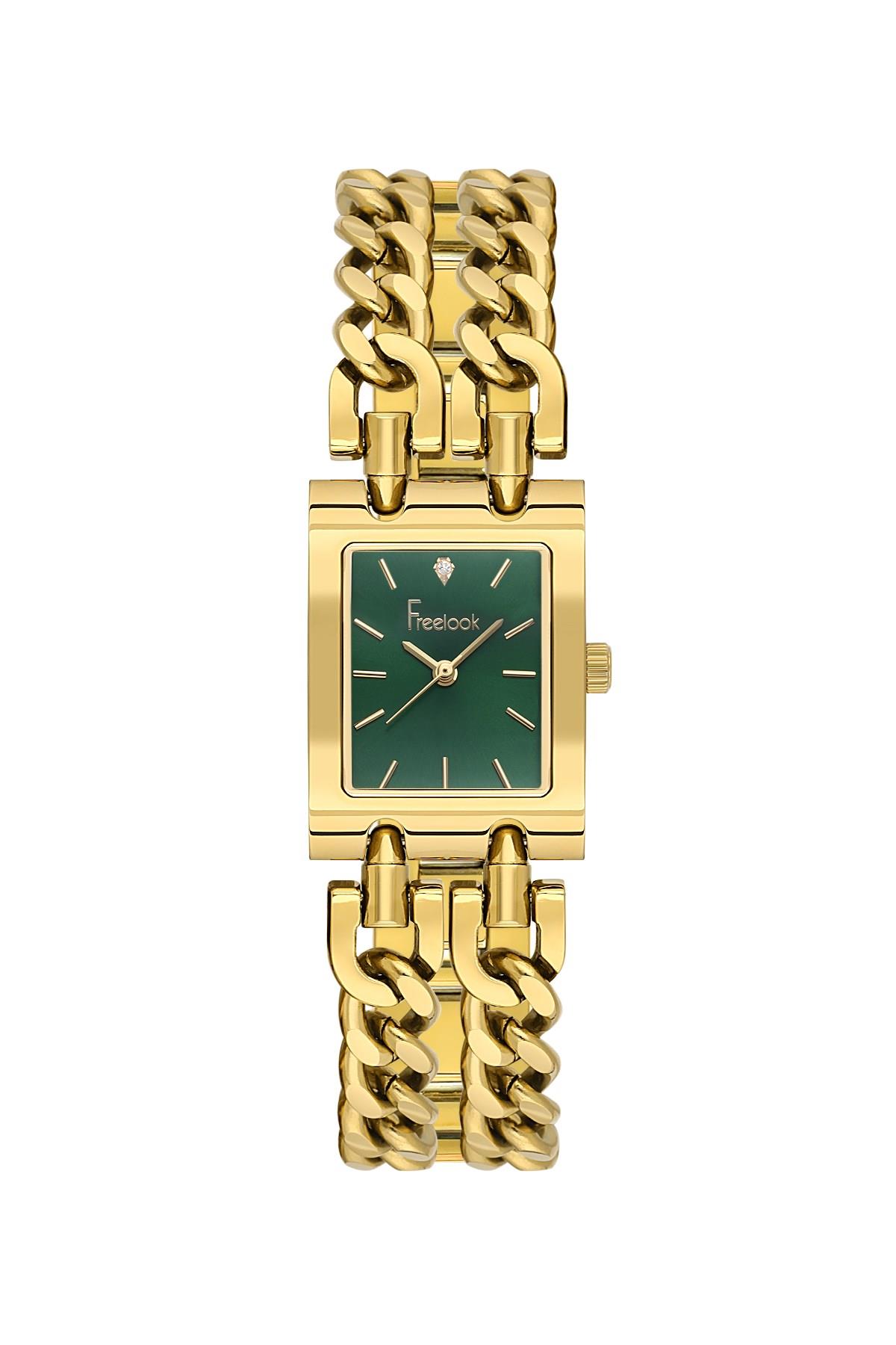 Freelook Altın Gold Renk Çift Sıra Zincir Kordon Kare Yeşil Kadran Bayan Kol Saati FL.1.10538-3