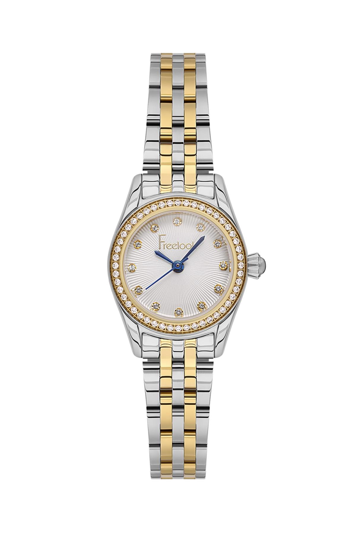 Freelook Yuvarlak Beyaz Kadran Altın Gold Gümüş Çift  Renk Taşlı Kasa Kadın Kol saati FL.1.10544-3