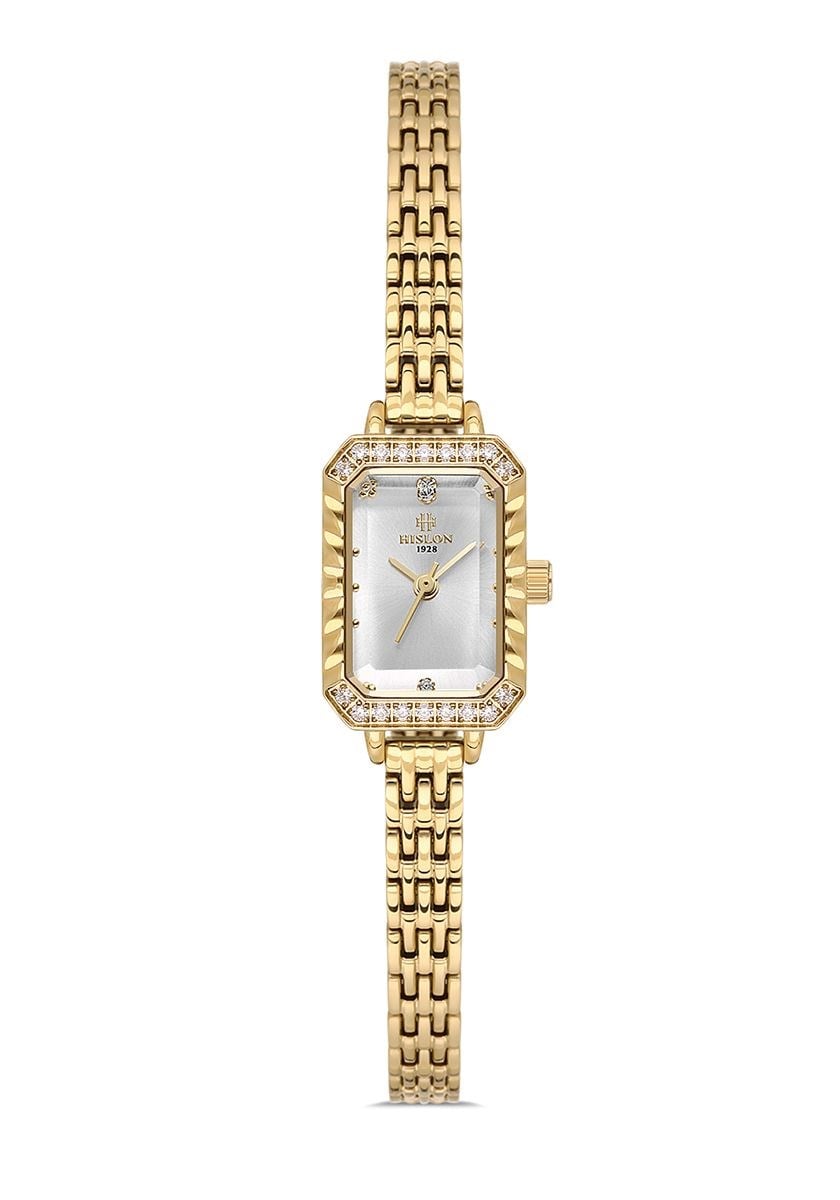 Hislon Metal Minik Kare Gold Kadran Taşlı Klasik Kadın Kol Saati QL194G-02SG