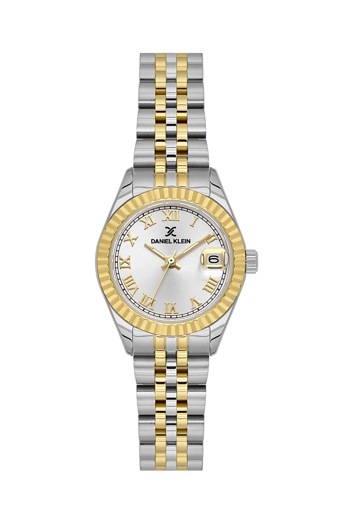 Daniel Klein Premium Spor Gri Renk Takvimli Roma Rakamlı Metal Gold Renk Kadın Kol Saati DK.1.14097-3