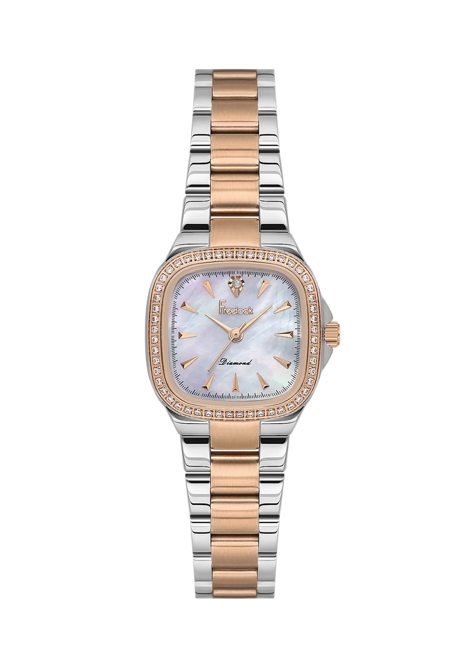 Freelook Tasarımlı Dıamond Sertifikalı Taşlı Kasa Rose Gold Gümüş Çift Renk Çelik Kadın Kol Saati FL.4.10013-6