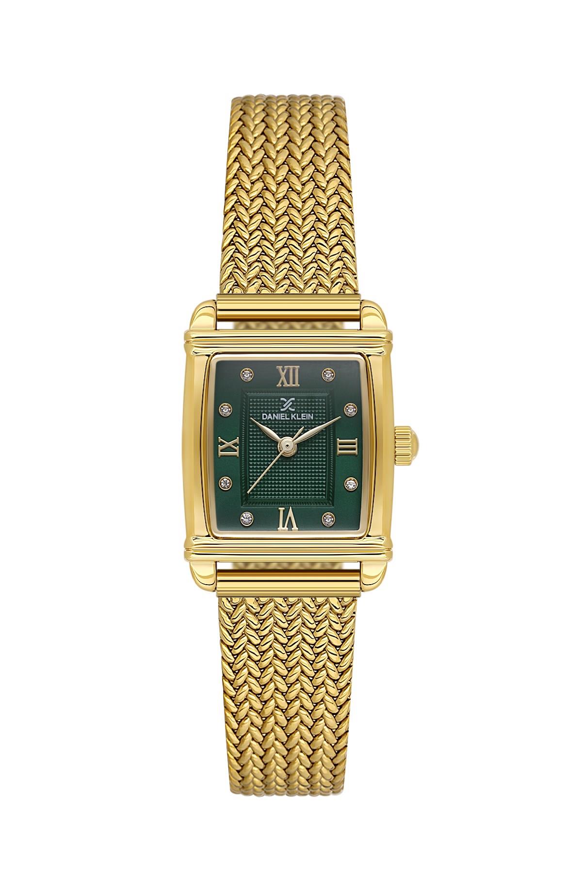 Daniel Klein Premıum Altın Gold Renk Hasır Kordon Kare Yeşil Kasa Kadın Kol Saati DKE.1.10970-4