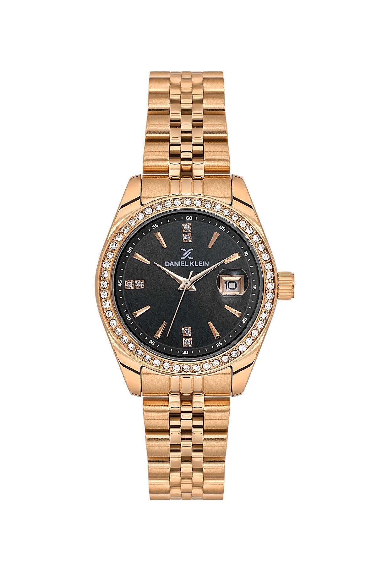 Daniel Klein Metal Rose Gold  Yuvarlak Taşlı Kasa Siyah Takvimli Kadran Kadın Kol Saati DKE.6.10943-7
