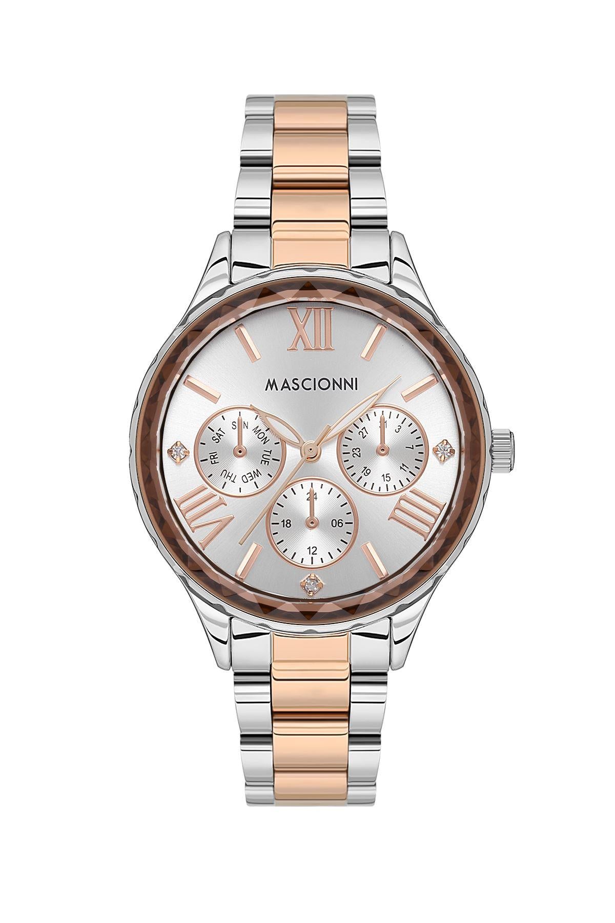 Mascionni Çift Renk Gümüş&Bronz Roma Rakamlı Tasarımlı Cam Kadın Kol Saati M.1.2176.02