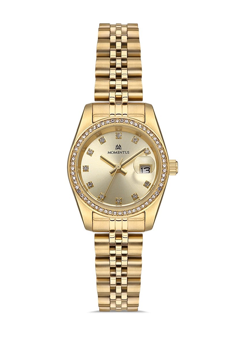 Momentus Çelik Altın Gold Renk Kasa Kordon Takvimli Örgü Kordon Kadın Kol Saati  SW135G-08SG