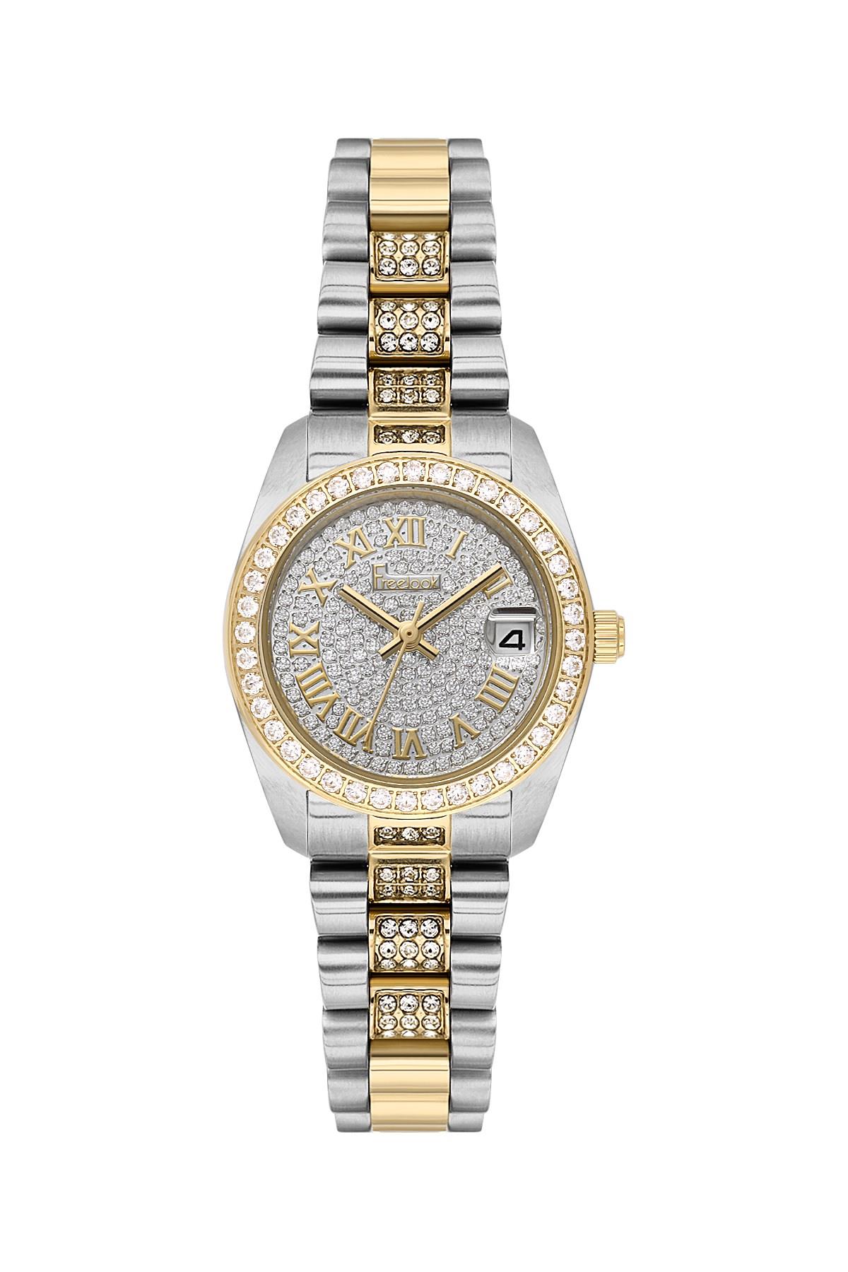 Freelook Taşlı Kasa Kordon Çift Altın Gold Gümüş Renk Takvimli Kadın Kol Saati FL.4.10023-2