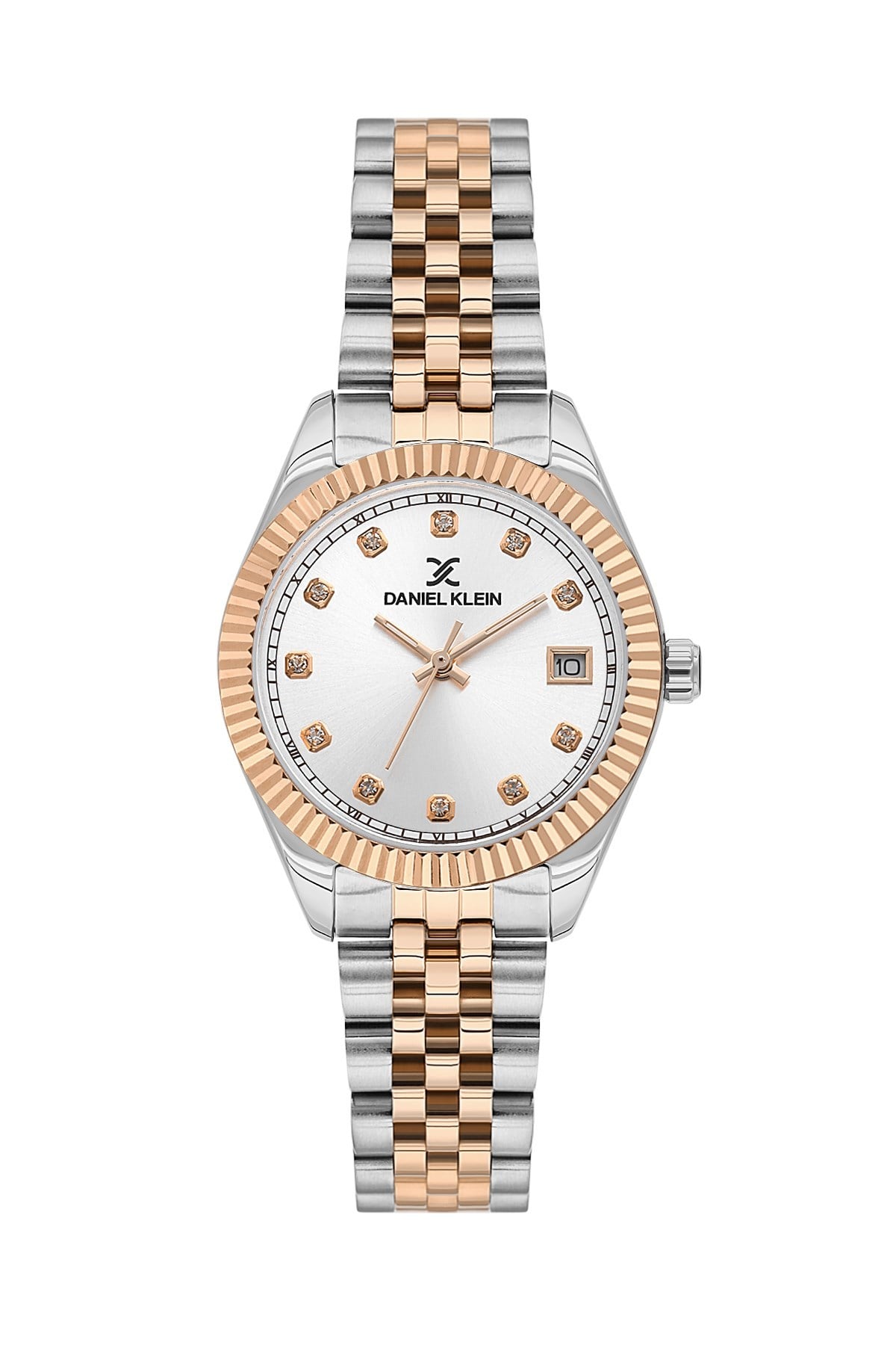 Daniel Klein Metal Kasa Kordon Rose Gold Gümüş Çift Renk Beyaz Kadran Takvimli Kadın Kol Saati DK.1.10826-5