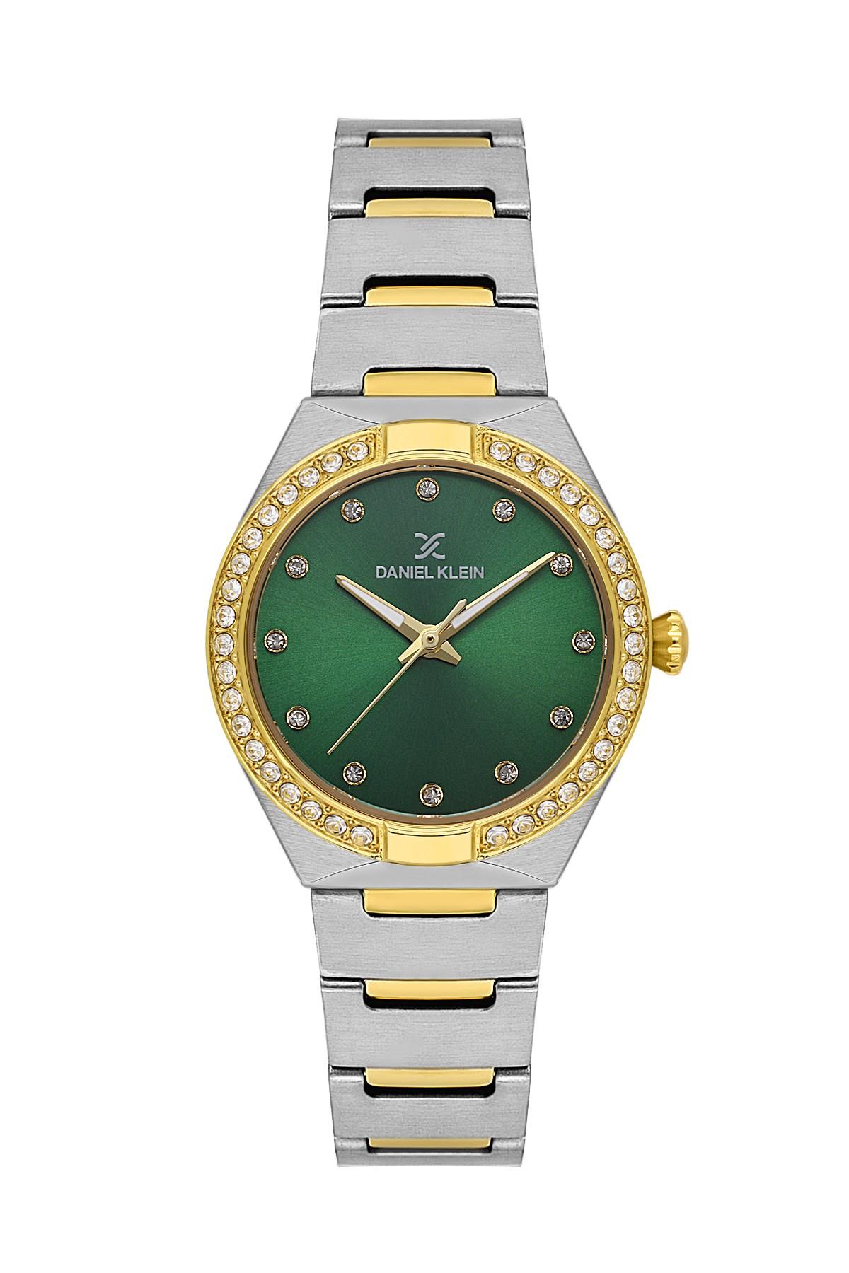 Daniel Klein Premium Yuvarlak Kasa Yeşil Kadran Metal Gold Gümüş Renk Kadın Kol Saati DK.3.10076-4