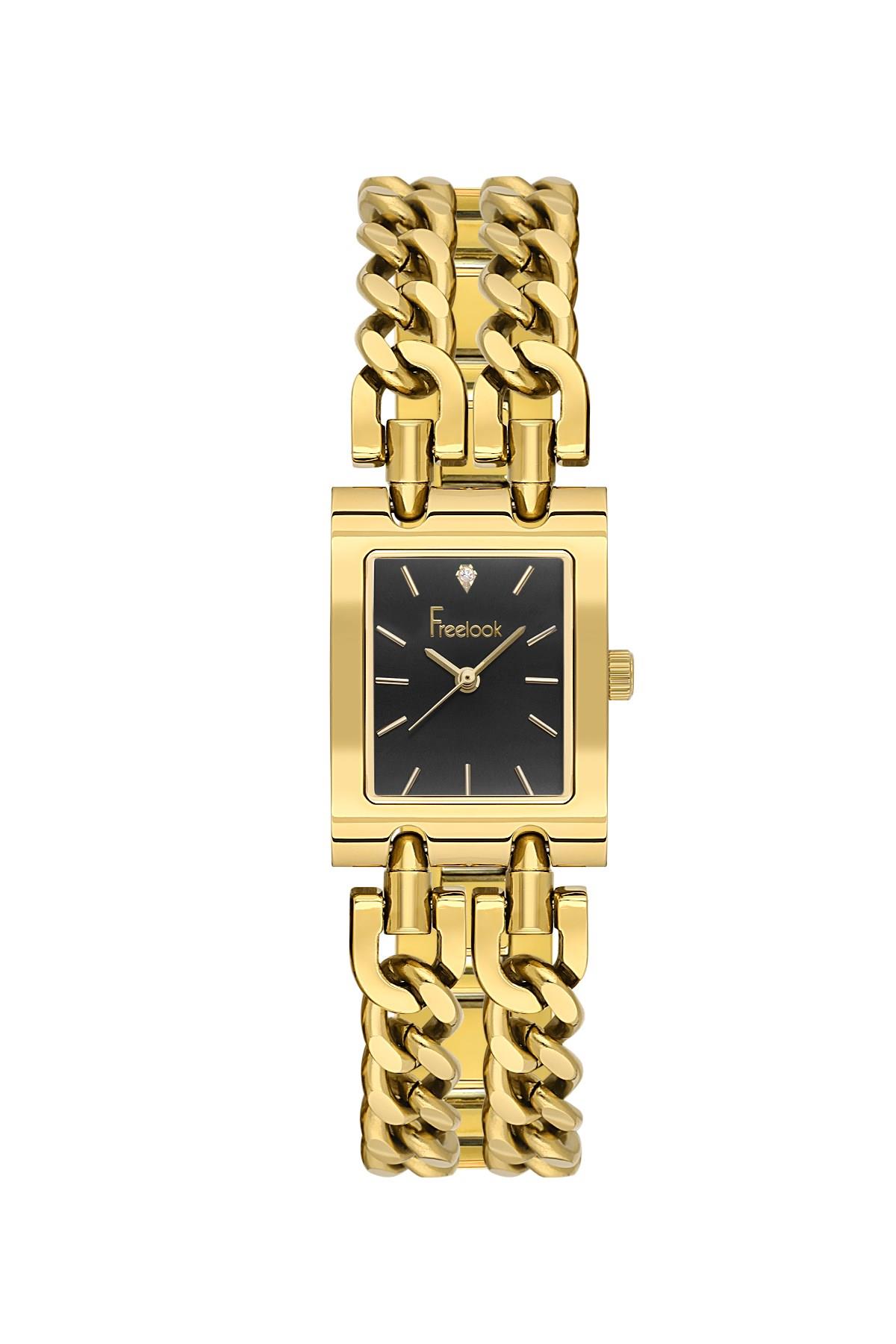 Freelook Çift Sıra Zircir Kordon Çelik Altın Gold Renk Kare Kasa Siyah Kadran Kadın Kol Saati 