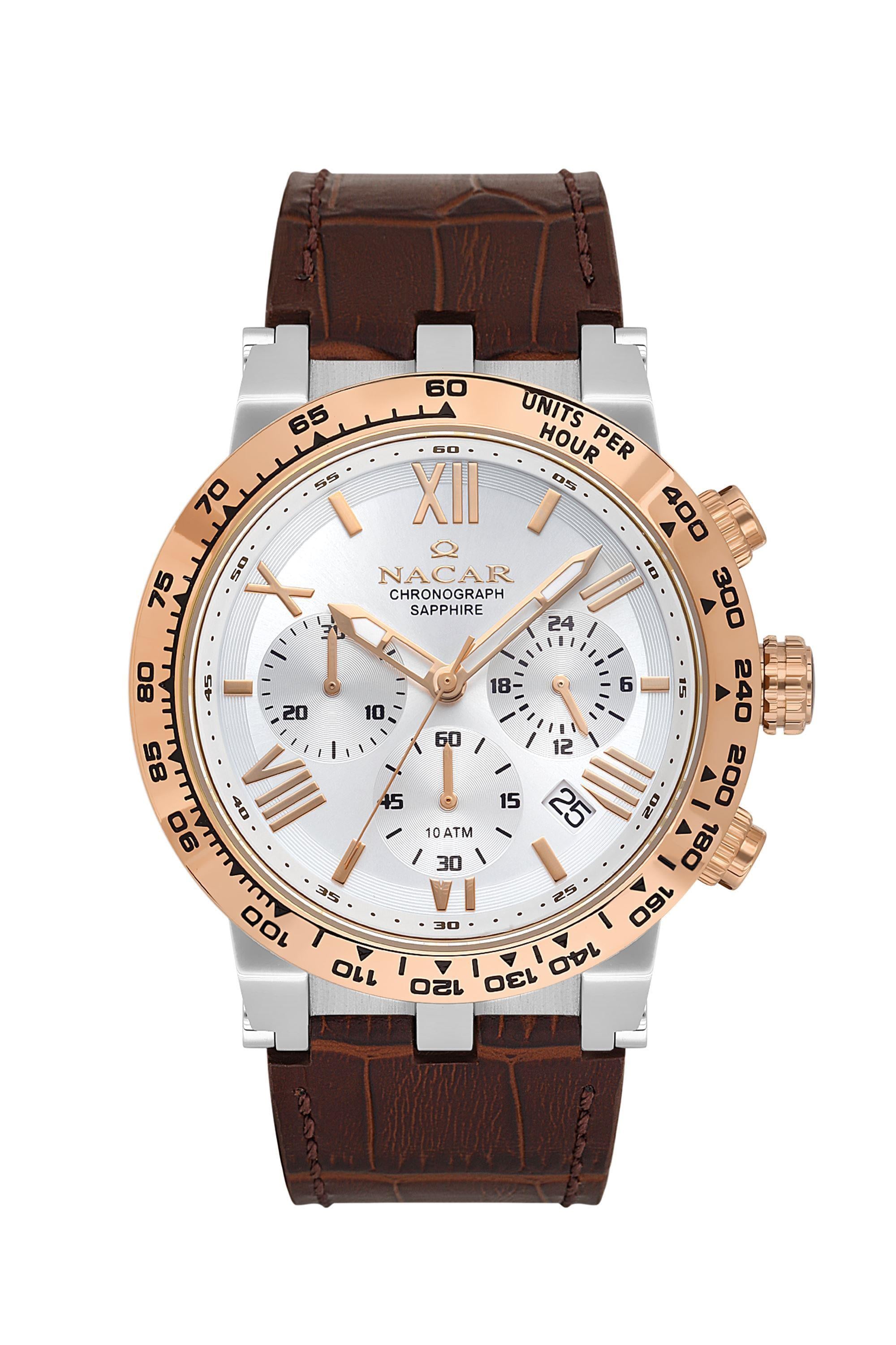 Nacar Kahverengi Deri Kordon Safir Cam Rose Gold Kronometreli Spor Erkek Kol Saati NC34-29B679-ESL2