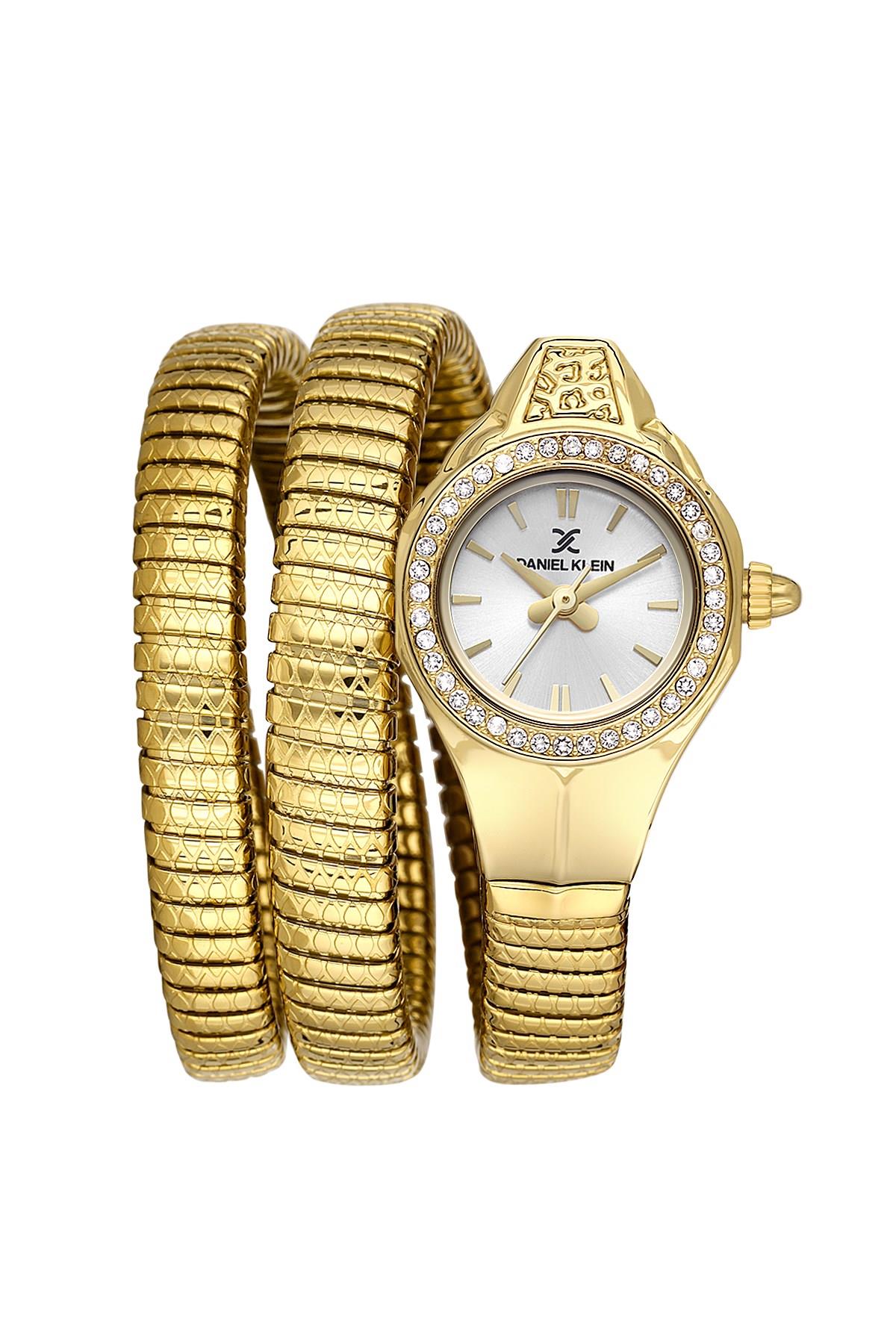 Daniel Klein Taşlı Gold Kasa Yılan Model Beyaz Kadran Kadın Kol Saati DK.13.10085-2
