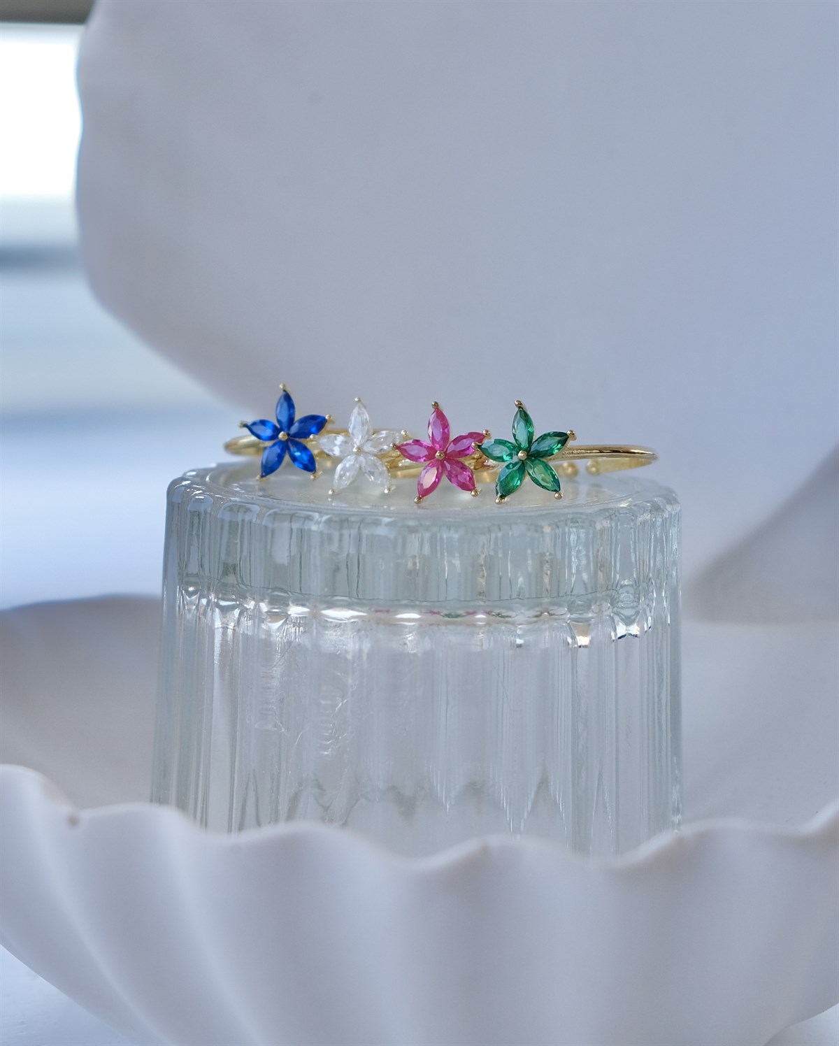 925 Gümüş Çiçek Yüzük - Beyaz & Pembe - Yeşil - Lacivert 