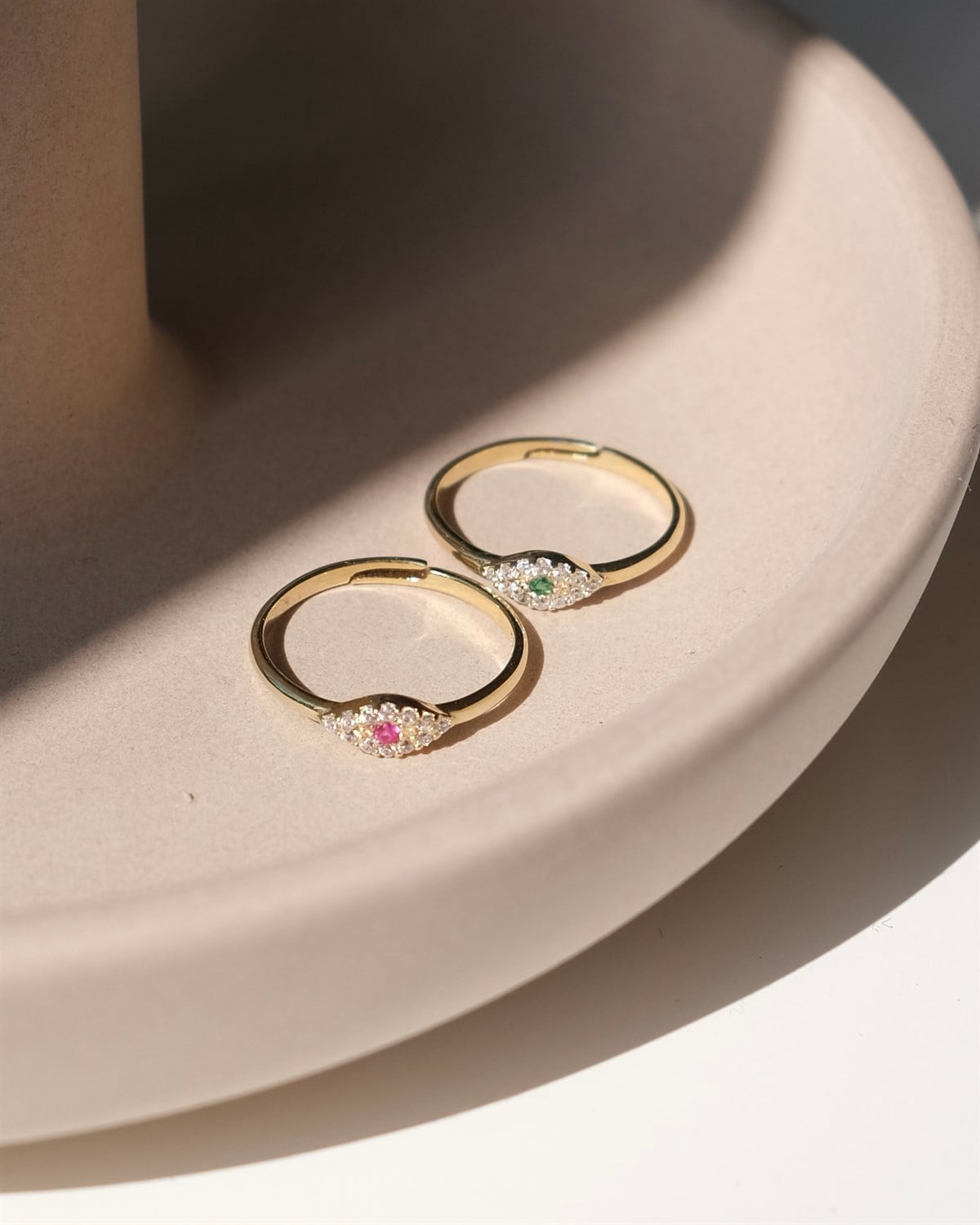 925 Gümüş Minimal Evil Eye Yüzük - Yeşil & Pembe