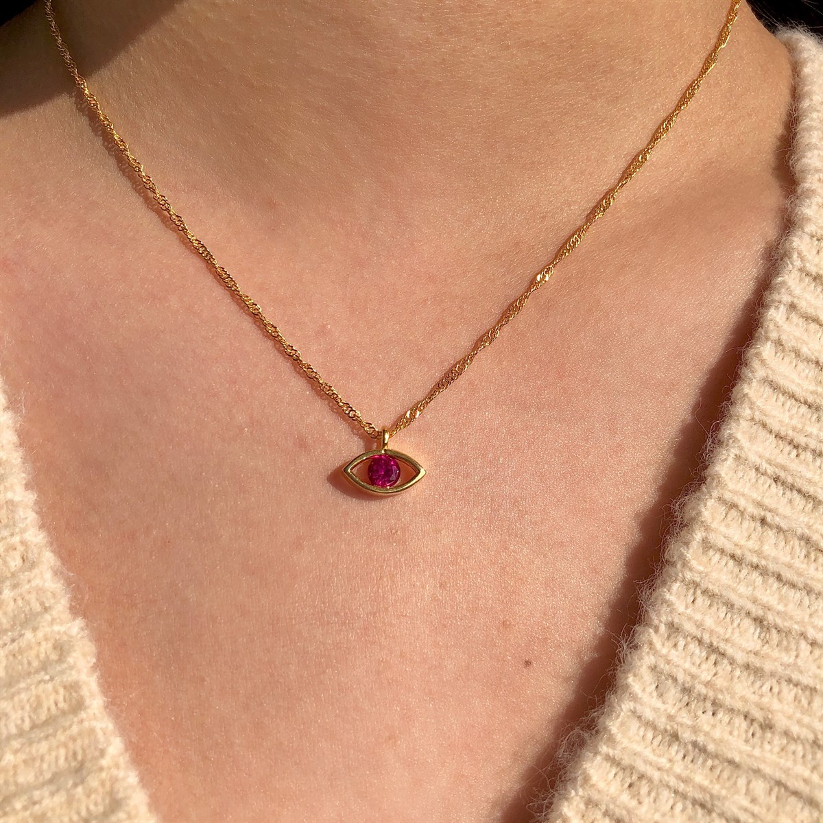 Pembe Taşlı Göz Kolye