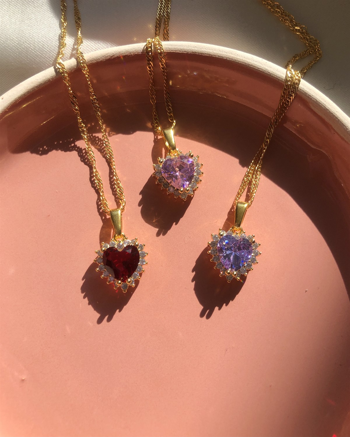 Zirkon Taşlı Kalp Kolye - Mor & Kırmızı & Pembe