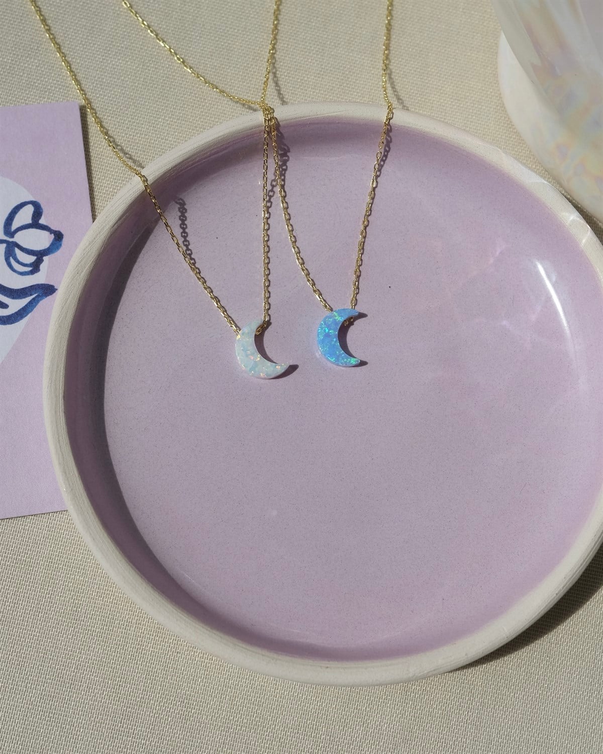 925 Gümüş Opal Taşlı Hilal Kolye - ( Mavi Opal & Beyaz Opal)