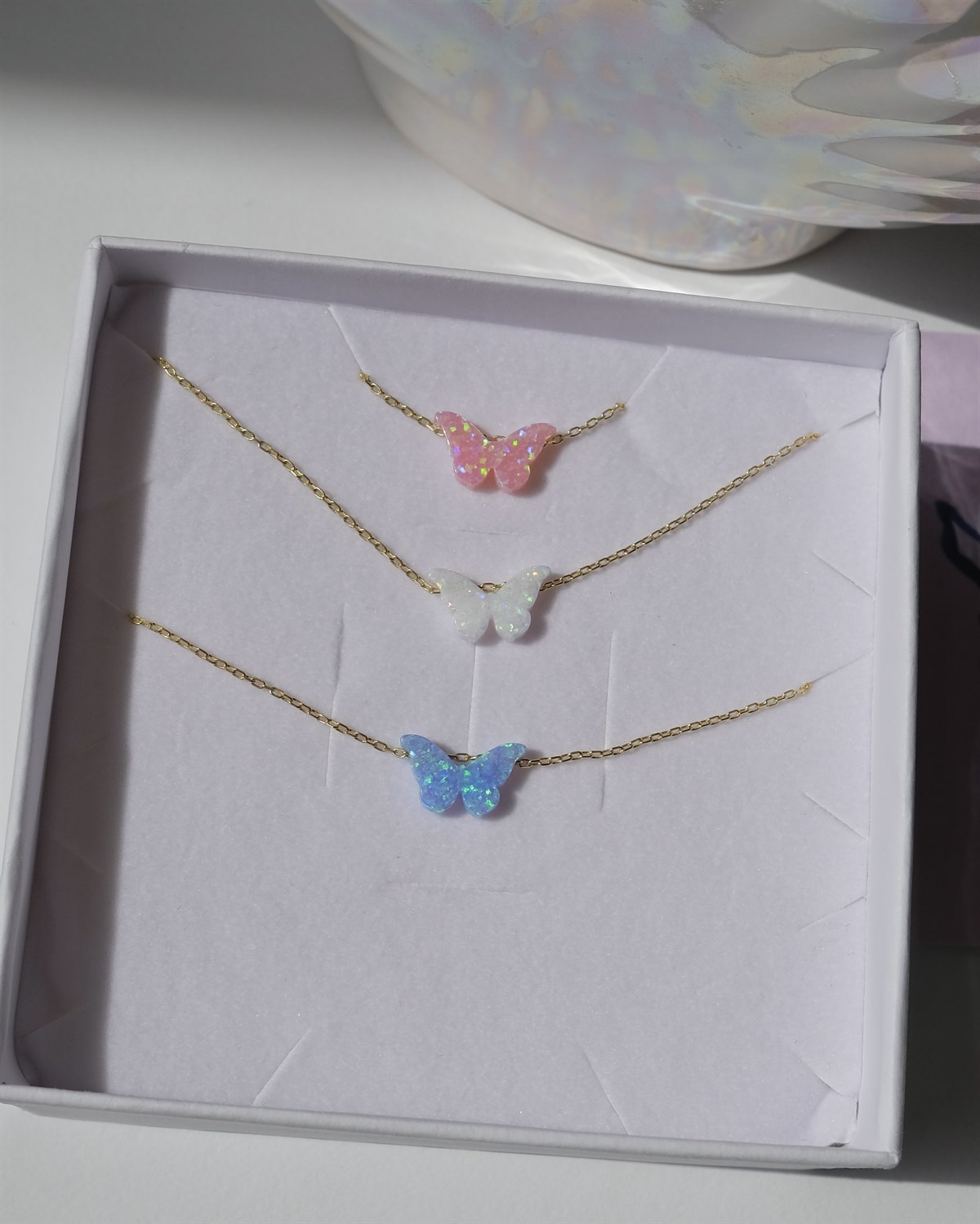 925 Gümüş Opal Taşlı Kelebek Kolye - ( Beyaz & Mavi & Pembe Opal )