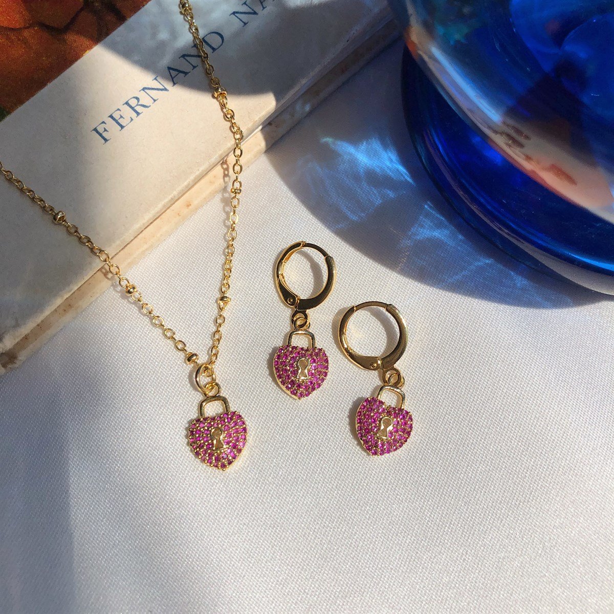 Mor Taşlı Kilit Kolye & Küpe SET