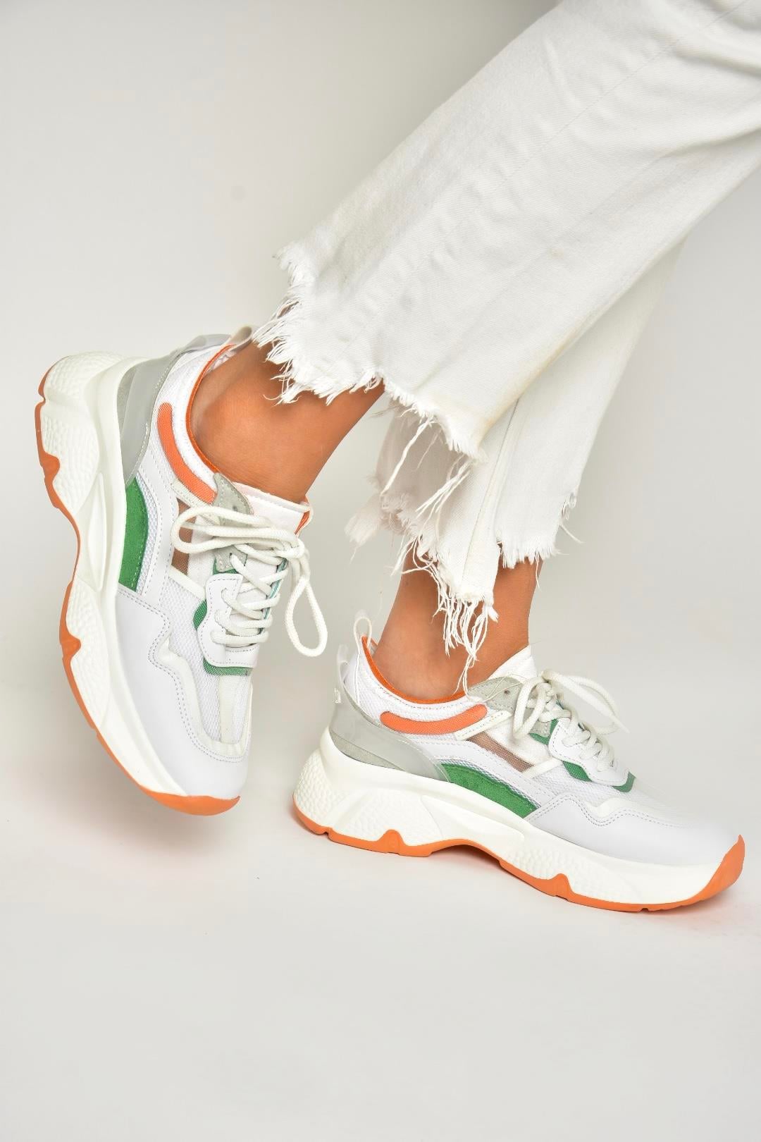 Beyaz/Turuncu Kalın Tabanlı Spor Ayakkabı Sneakers