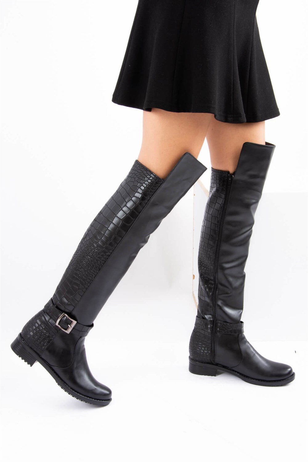 Fox Shoes Siyah Kroko Suni Deri Kadın Çizme E726561809