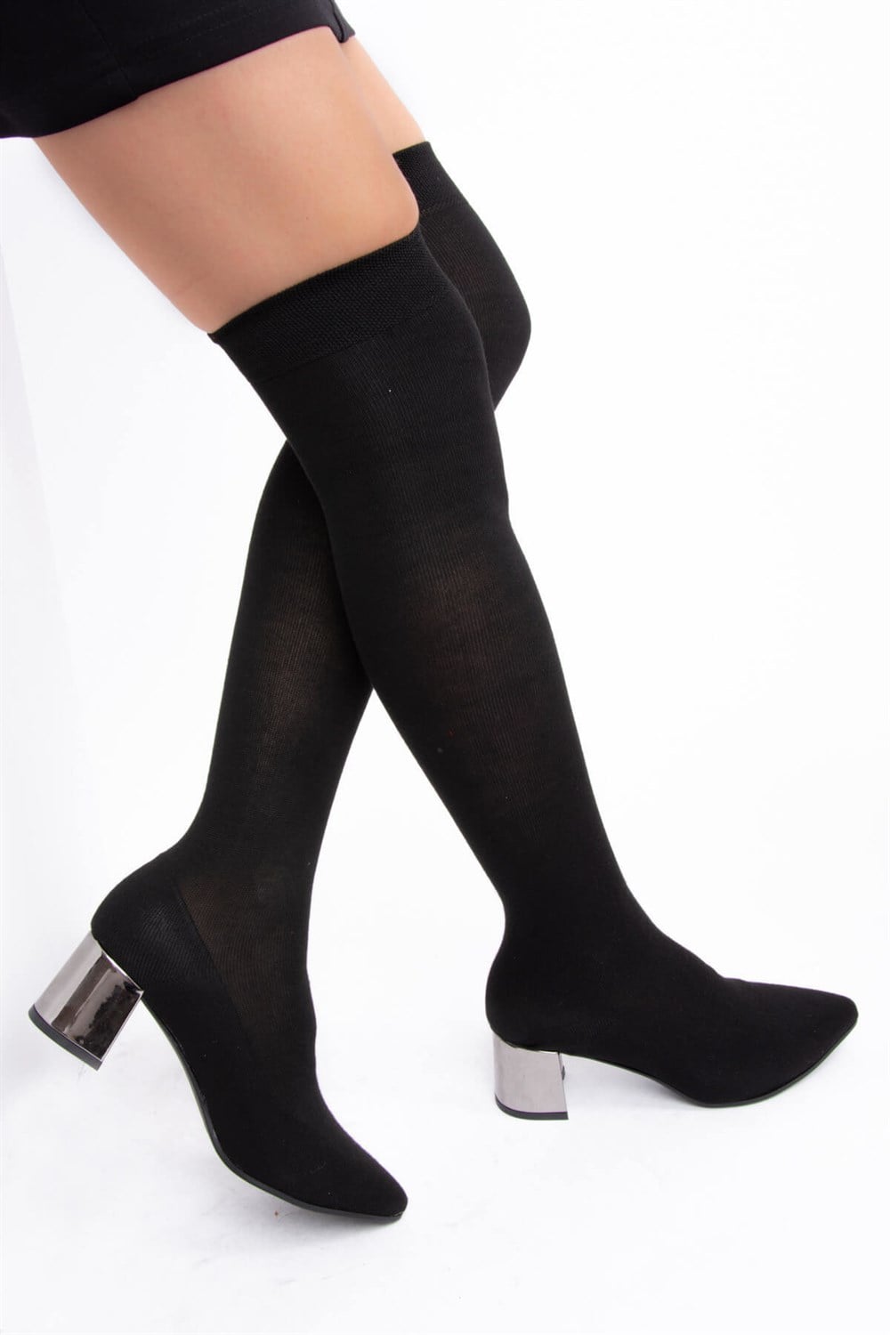Fox Shoes Siyah/Platin Kumaş Kadın Çizme E758901504