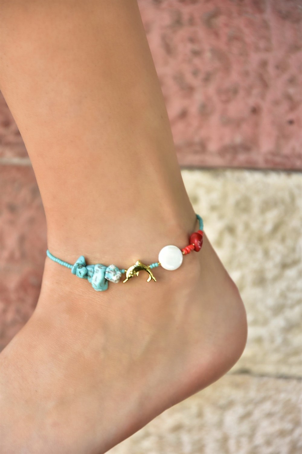 Gold Yunus Uçlu Sedef Detaylı Turkuaz Boncuk Halhal KA011208