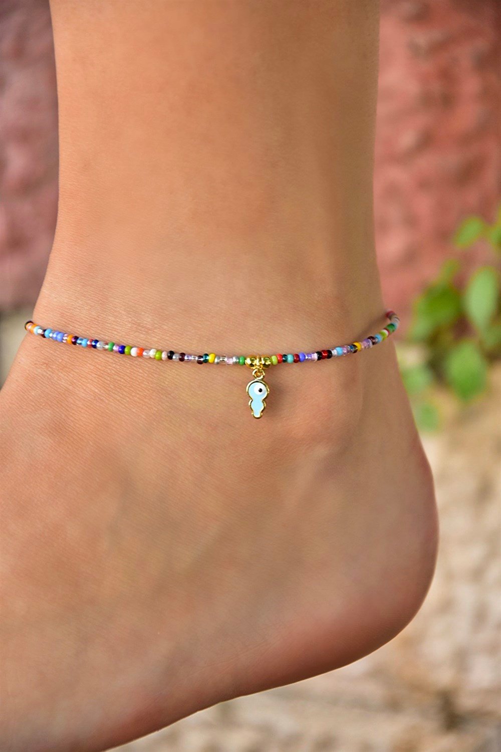 Mavi Anahtar Detaylı Multi Kum Boncuk Halhal KA011217