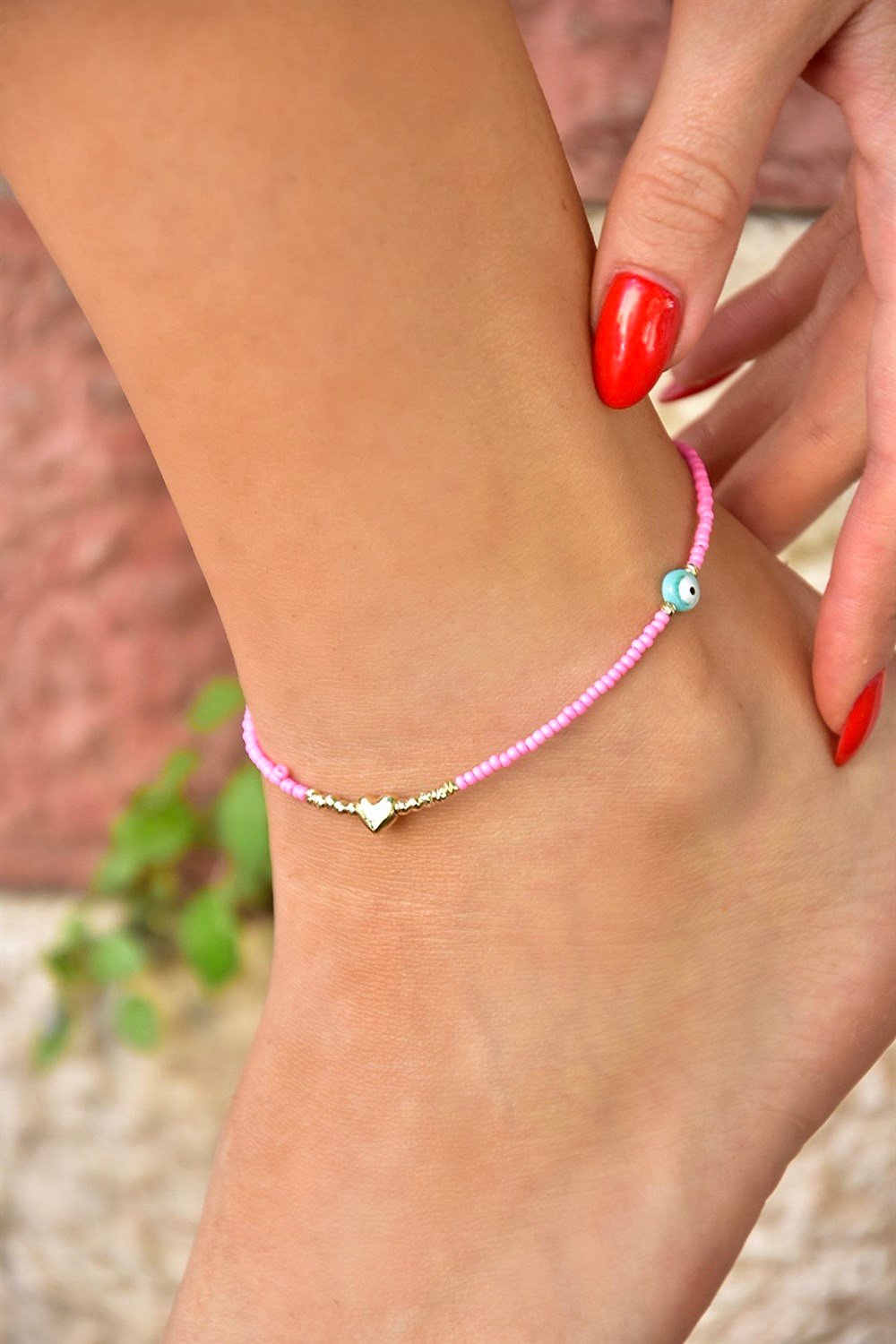 Nazar Boncuk Detaylı Kalp Uçlu Pembe Kum Boncuk Halhal KA071260