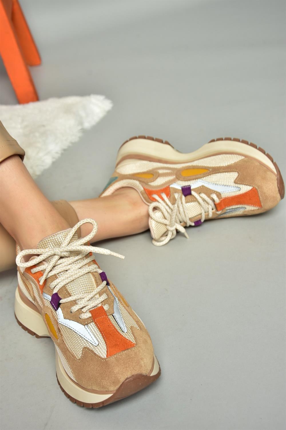R312510504 Bej/Turuncu Kumaş Kadın Spor Ayakkabı Sneakers