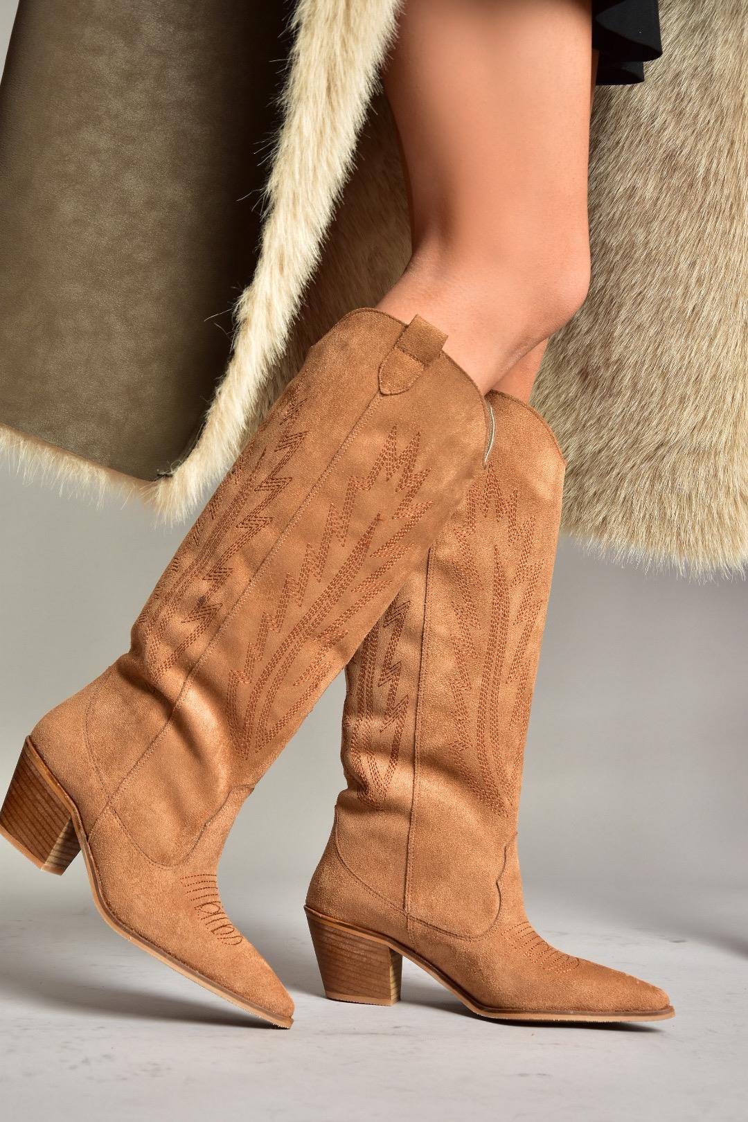 T267765202 Taba Süet Kovboy Model Kadın Çizme