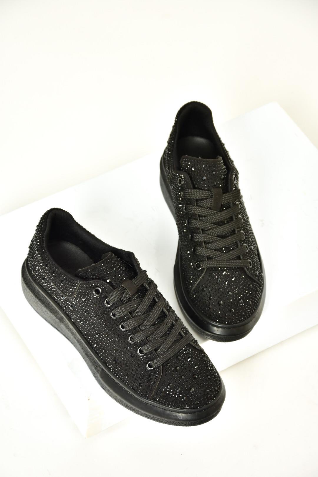 T820005009 Siyah Taşlı Kadın Spor Ayakkabı Sneakers