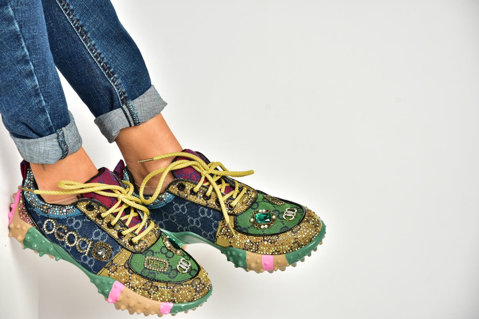 U380143604 Lacivert/Yeşil Kumaş Taşlı Spor Ayakkabı Sneakers