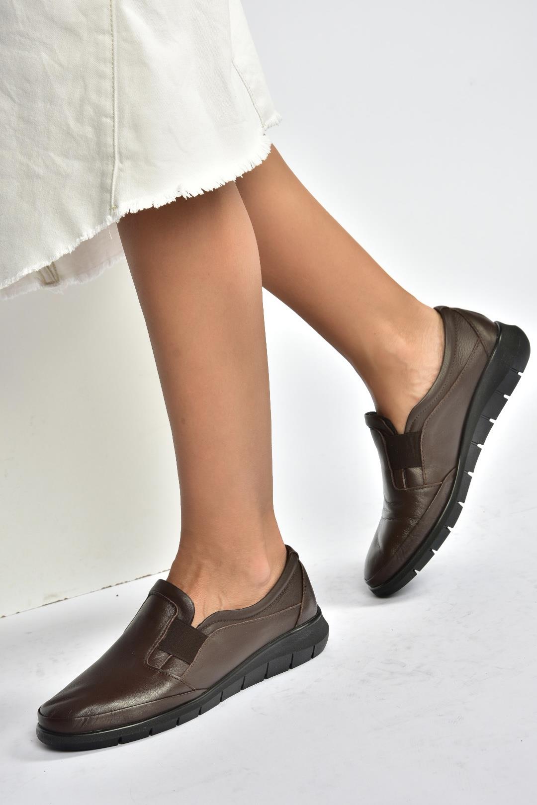 V324991003 Kahverengi Hakiki Deri Günlük Kadın Ayakkabı