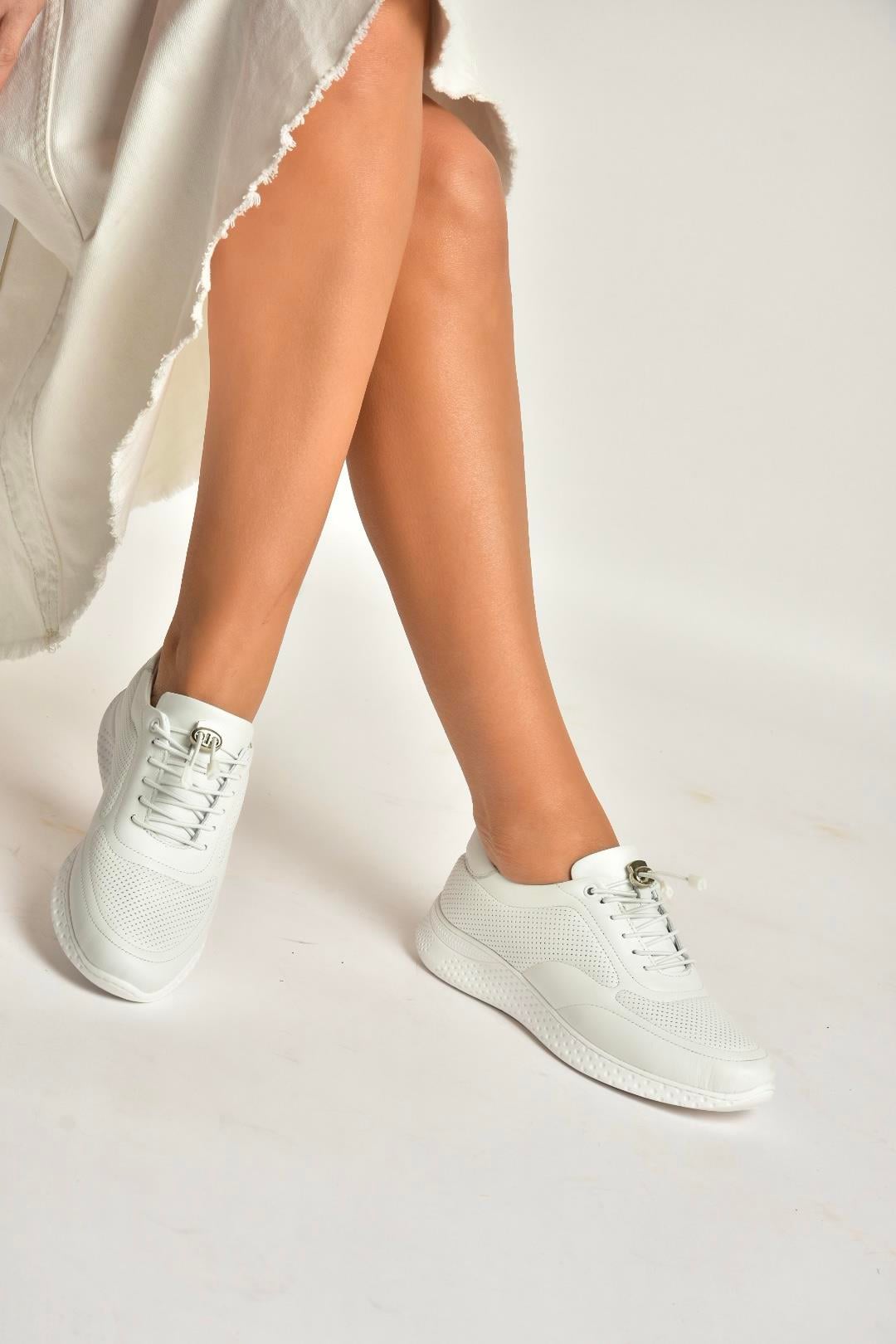 Y999255803 Beyaz Hakiki Deri Kadın Spor Ayakkabı Sneakers