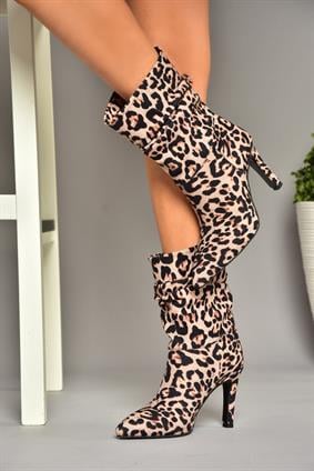 R404020304 Leopar Kumaş İnce Topuklu Büzgülü Kadın Bot