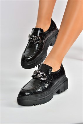 Siyah Kroko Baskı Kalın Tabanlı Günlük Kadın Ayakkabı K294760011