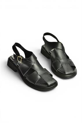 Y291880003 Siyah Hakiki Deri Sandalet