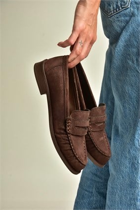 Z820221002 Kahverengi Süet Kadın Loafer Ayakkabı