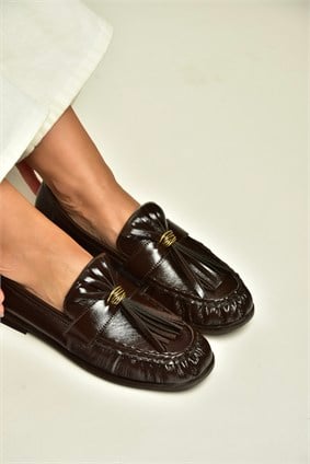 Z820617208 Kahverengi Rugan Püskül Detaylı Rugan Loafer Ayakkabı