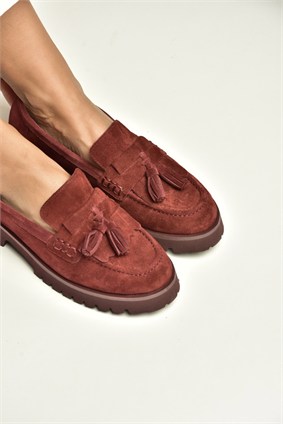 Z944014461 Bordo Süet Kalın Tabanlı Püsküllü Loafer Ayakkabı