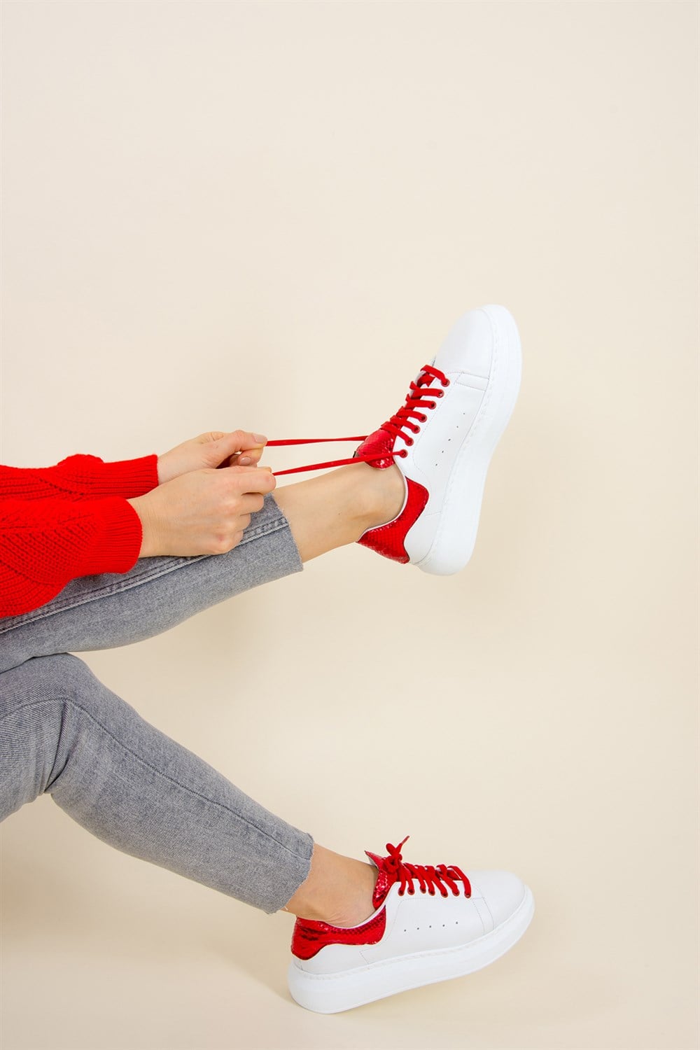 Beyaz/Kırmızı Kadın Sneakers F270282548