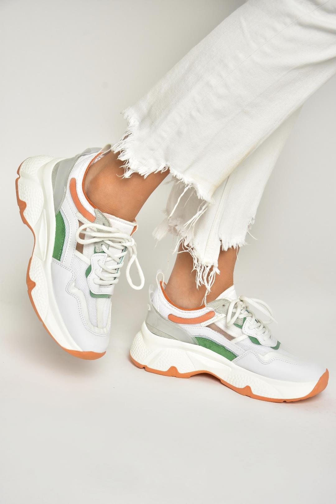 Beyaz/Turuncu Kalın Tabanlı Spor Ayakkabı Sneakers