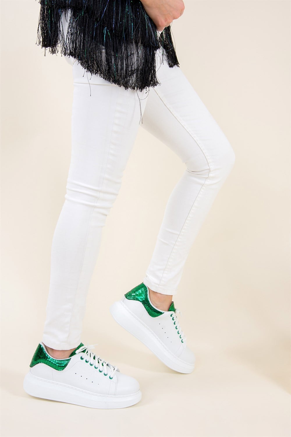 Beyaz/Yeşil Kadın Sneakers F270282548