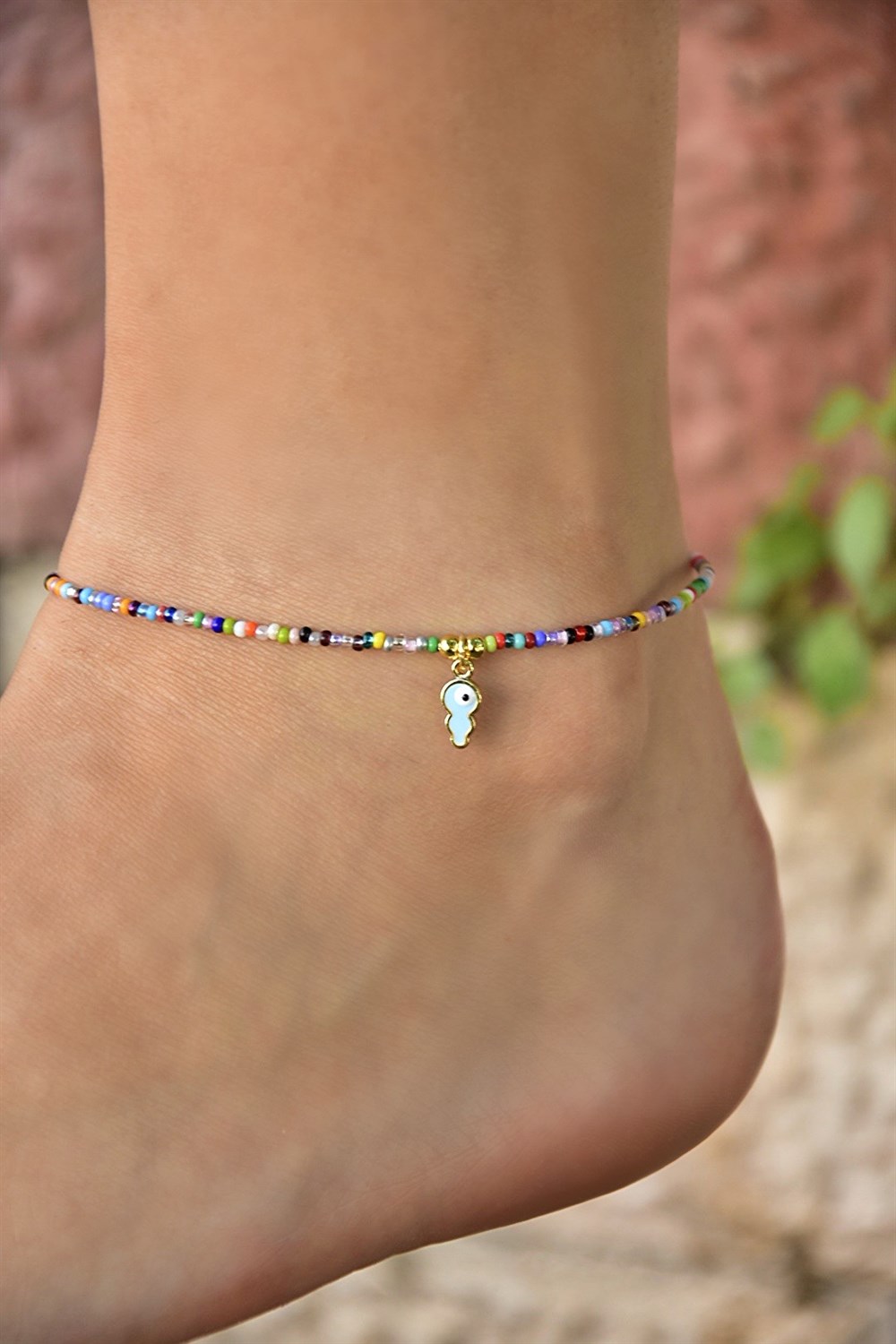 Mavi Anahtar Detaylı Multi Kum Boncuk Halhal KA011217