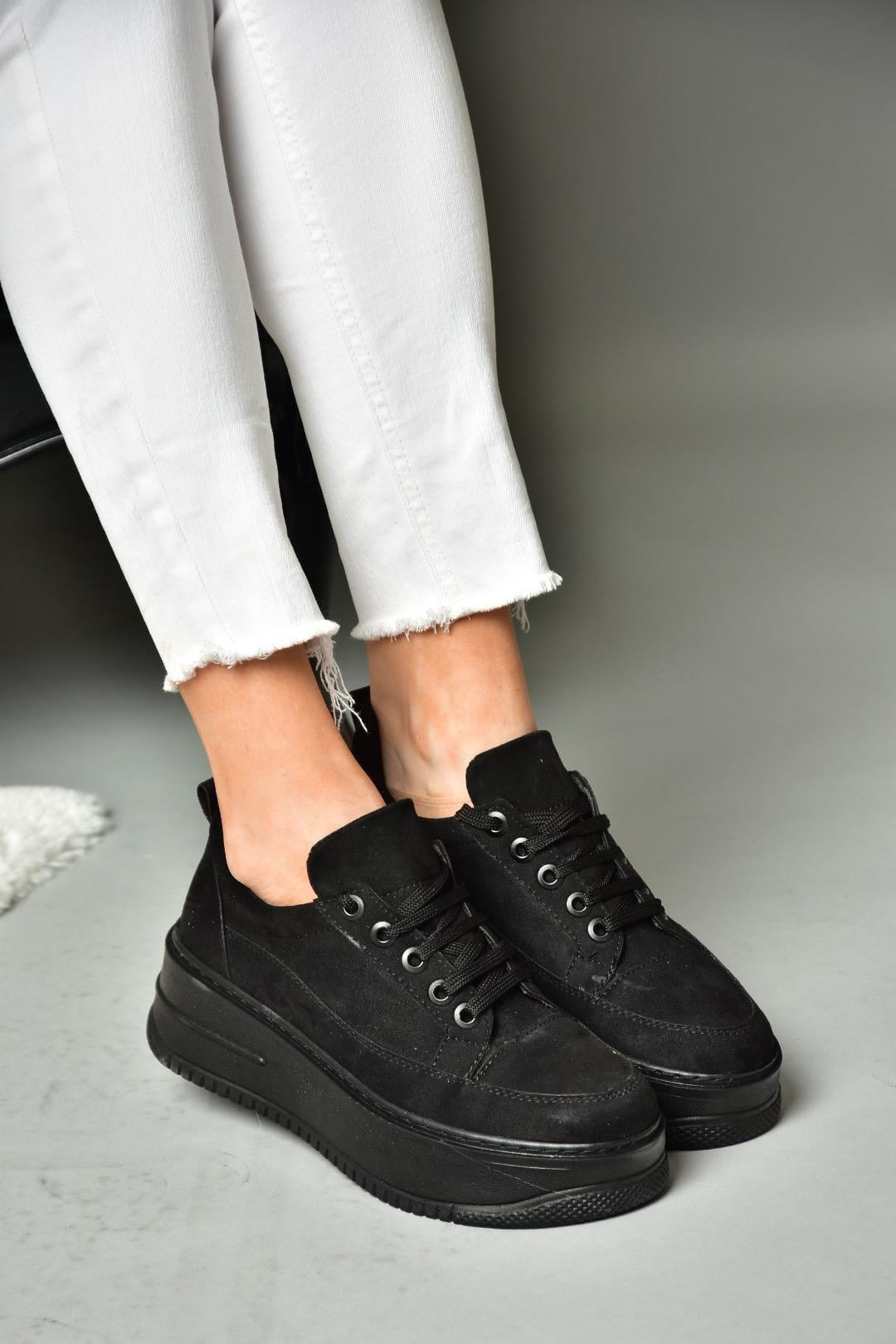 P274117502 Siyah Süet Yüksek Tabanlı Kadın Spor Ayakkabı Sneakers