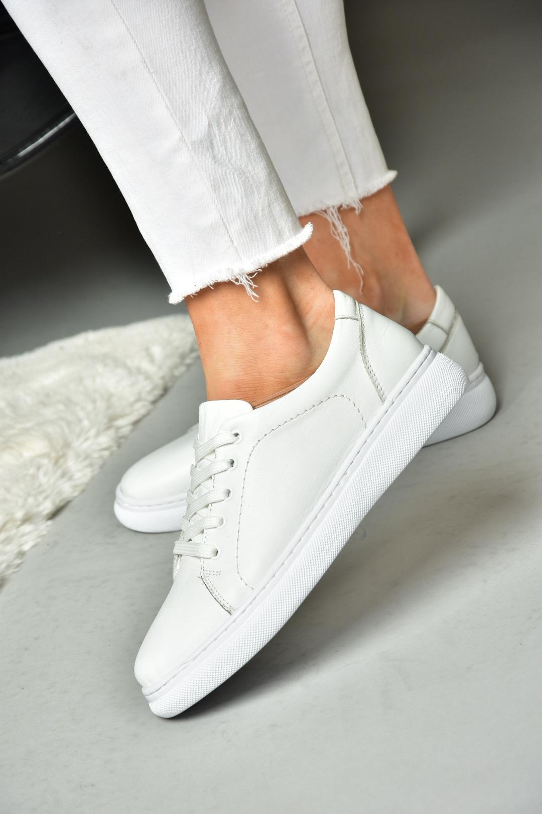 P555460903 Beyaz Hakiki Deri Spor Ayakkabı Sneakers