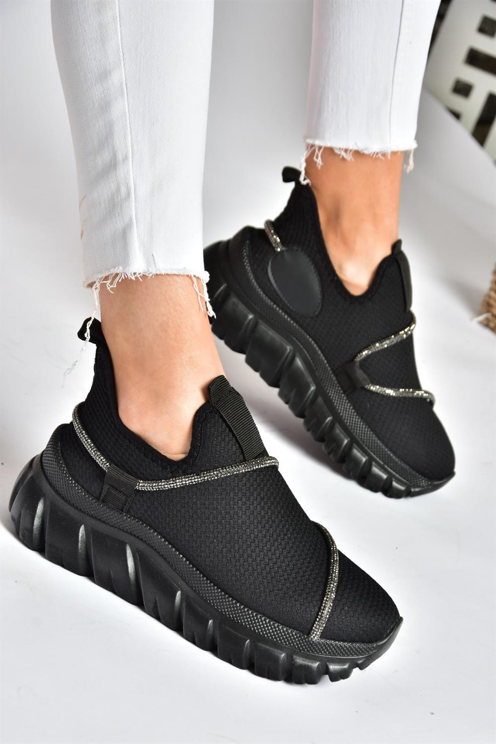 P602357504 Siyah Triko Kumaş Sim Detaylı Kadın Spor Ayakkabı Sneakers